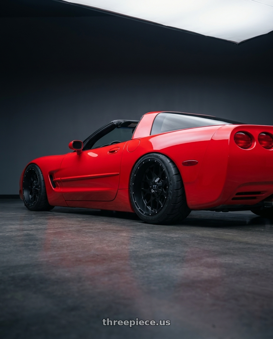 2002 Chevy Corvette with FULL THROTTLE FT0151 5x135/5x139.7 17x9-12 SATIN BLACK wheels rear three quarter view meaty tires