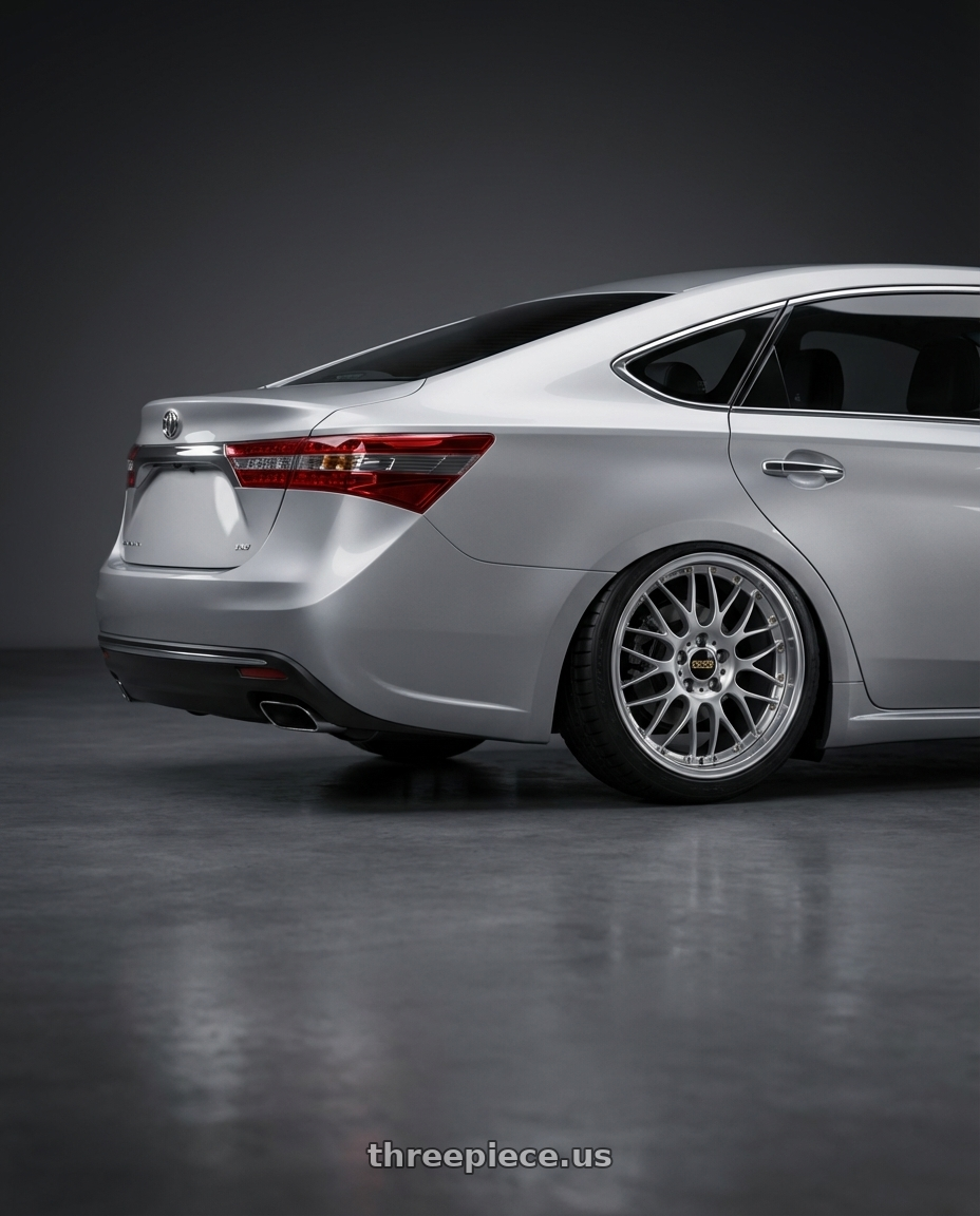 2015 Toyota avalon with BBS RS-GT 5x112 18x8.0+35 Diamond Silver wheels rear three quarter view square tires