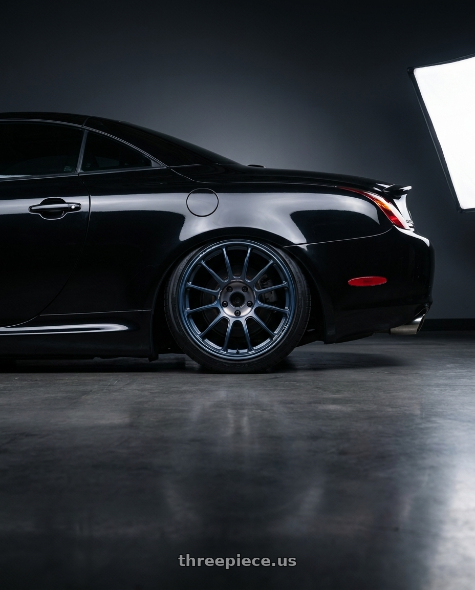 2005 lexus sc430 with Volk Racing ZE40 Time Attack III 5x114.3 18x9.5+21 Metallic Blue / Matte Dark Clear LM wheels rear three quarter view square tires