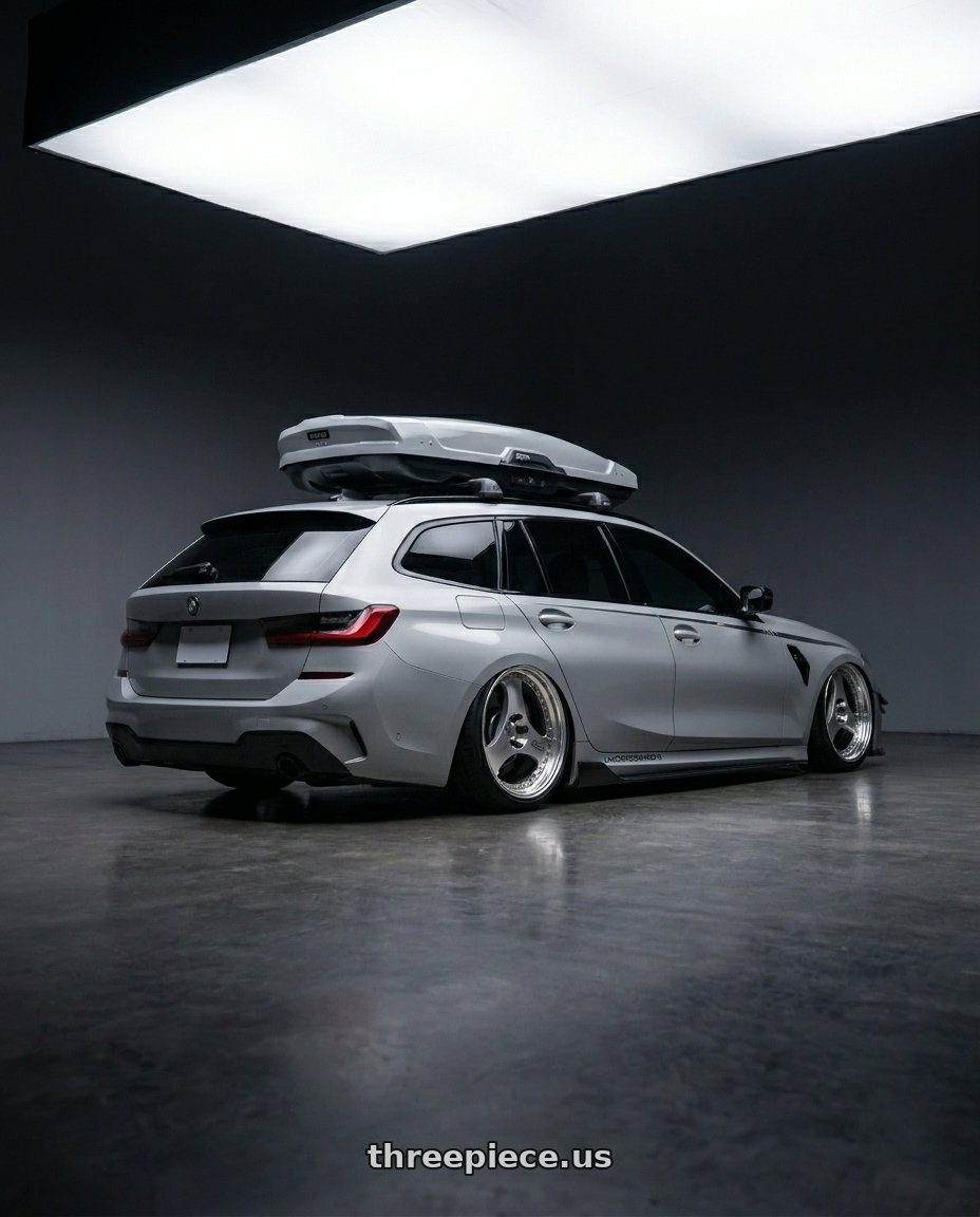2021 BMW G21 with Advan Racing ONI2 PROGRESSIVE 5x114.3 20x11.0 +05 MACHINING & DIAMOND CUT wheels rear three quarter view extreme stretch tires