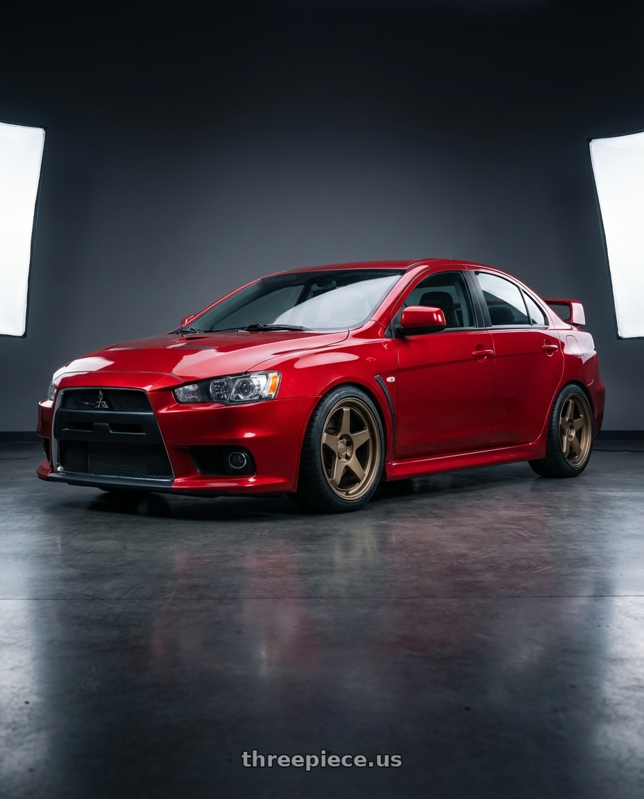 2012 Mitsubishi Lancer Evo X with Kansei K12B KNP 5x114.3 18x9.5 22 Bronze wheels front three quarter view lowered stance