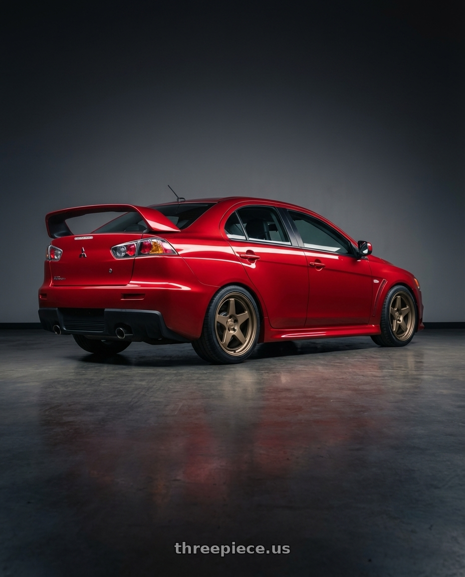 2012 Mitsubishi Lancer Evo X with Kansei K12B KNP 5x114.3 18x9.5 22 Bronze wheels rear three quarter view square tires