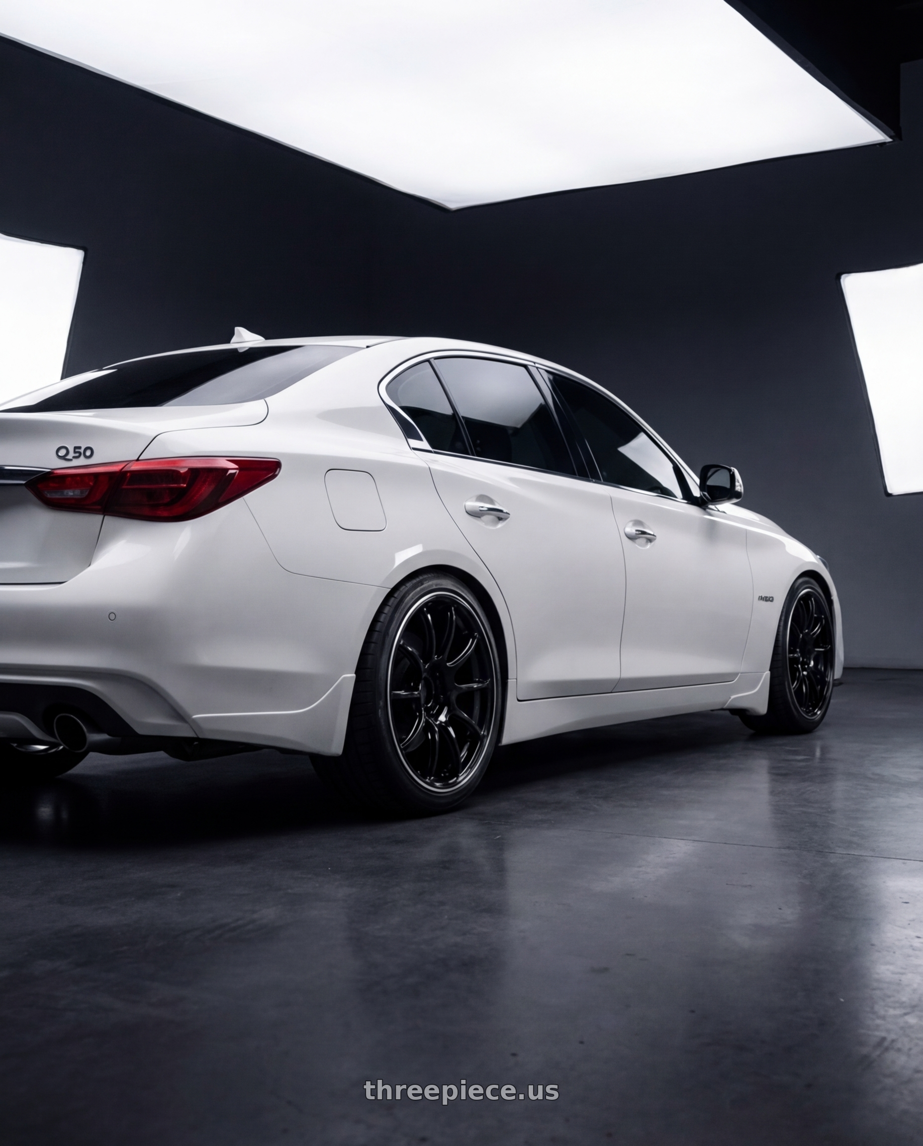 2020 Infiniti Q50 with Advan Racing RZII 5x114.3 19x9.5 +50 RACING GLOSS BLACK & RING wheels rear three quarter view square tires