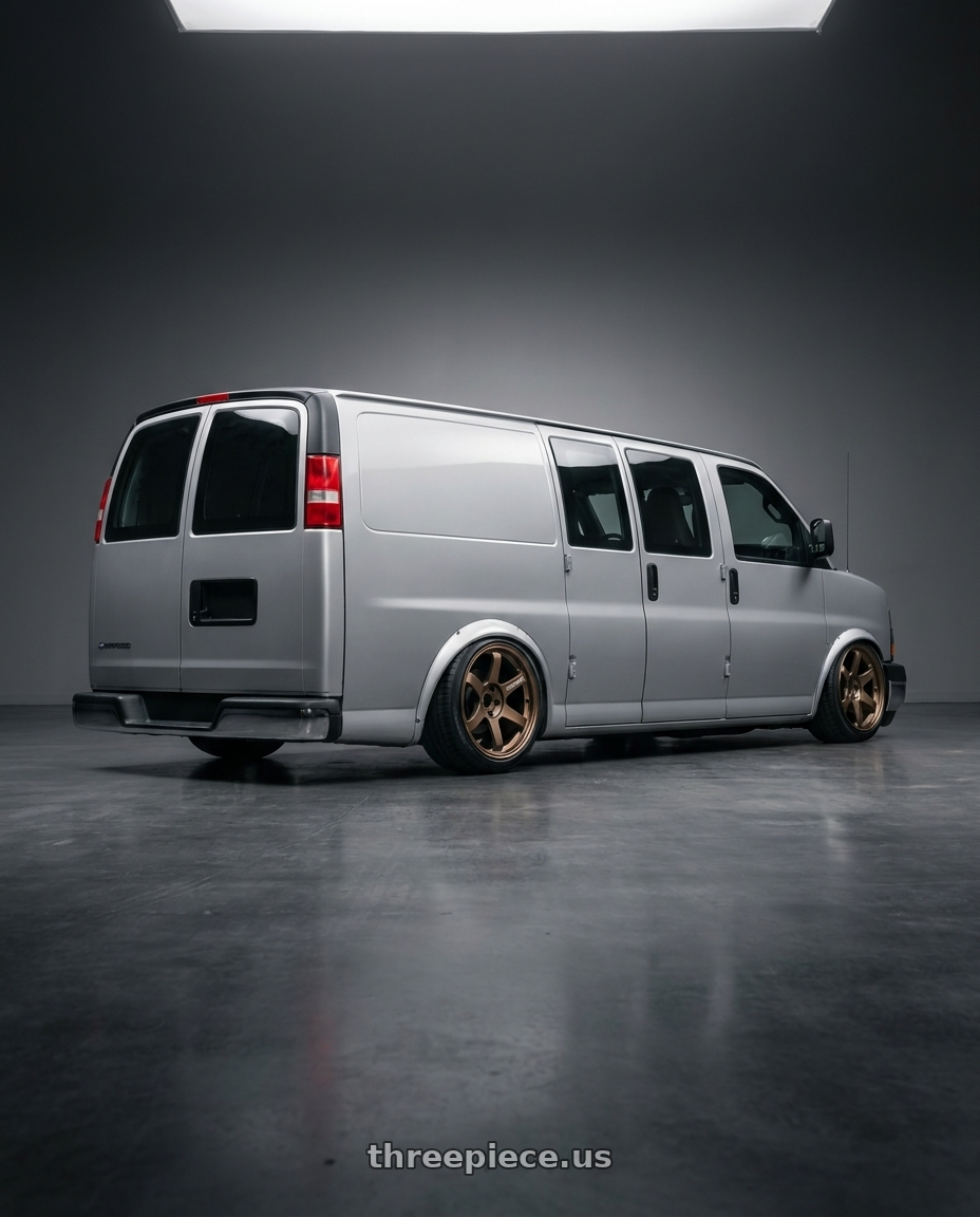 2018 Chevy express with Volk Racing TE37 SAGA 5x110 17x8 +26 BRONZE wheels rear three quarter view extreme stretch tires