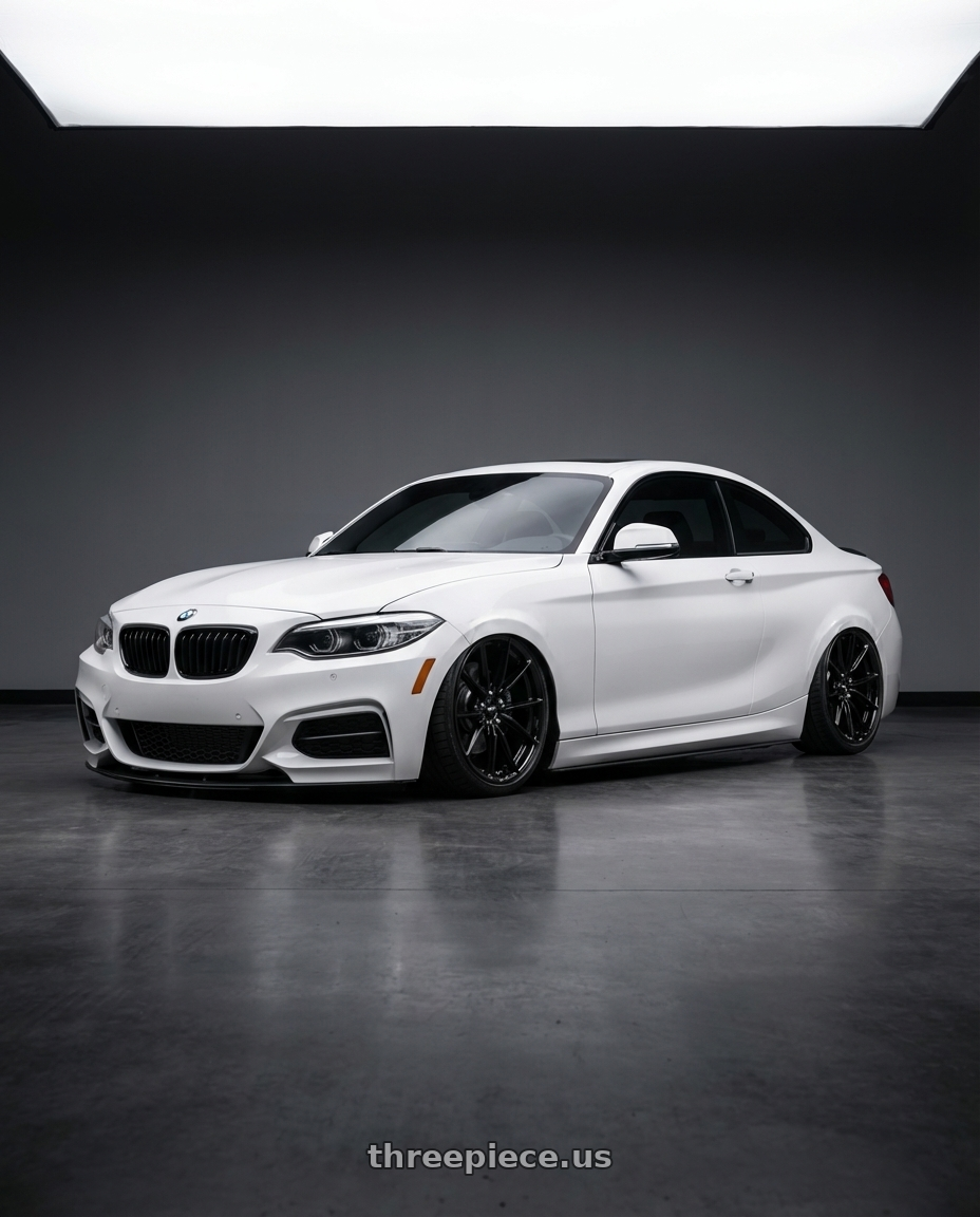 2018 BMW 2 Series F22 with Niche 1PC M240 RAINIER 5X120 19X9.5 +40 GLOSS BLACK wheels front three quarter view stanced stance