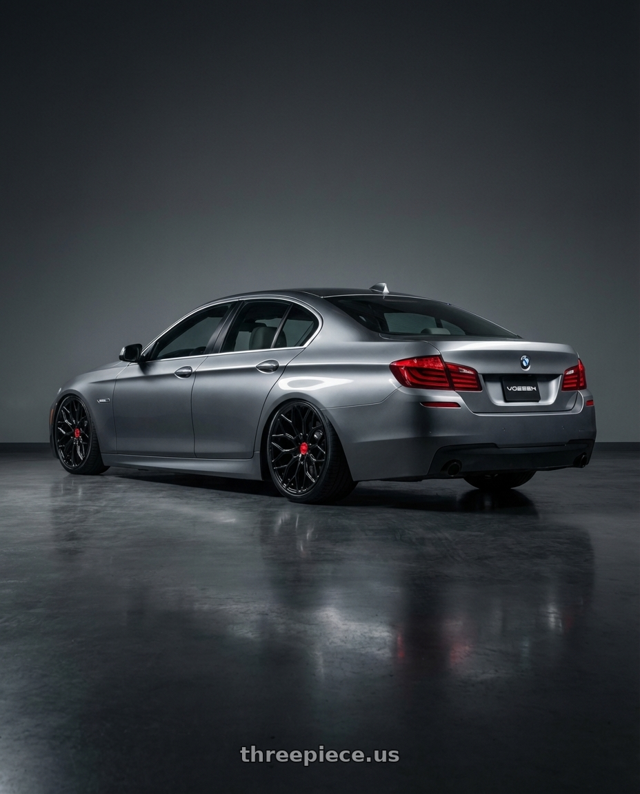 2016 BMW 5 Series F10 with Vossen HF-2 20x9 / 5x120 / ET35 / Flat Face / 66.9 - Gloss Black Wheel - HF2-0B03 wheels rear three quarter view slight stretch tires