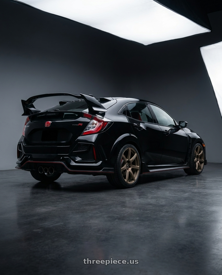 2021 Honda Civic Type R with Work Emotion T7r 5x120 18x9.5 +38 Matte Bronze wheels rear three quarter view square tires