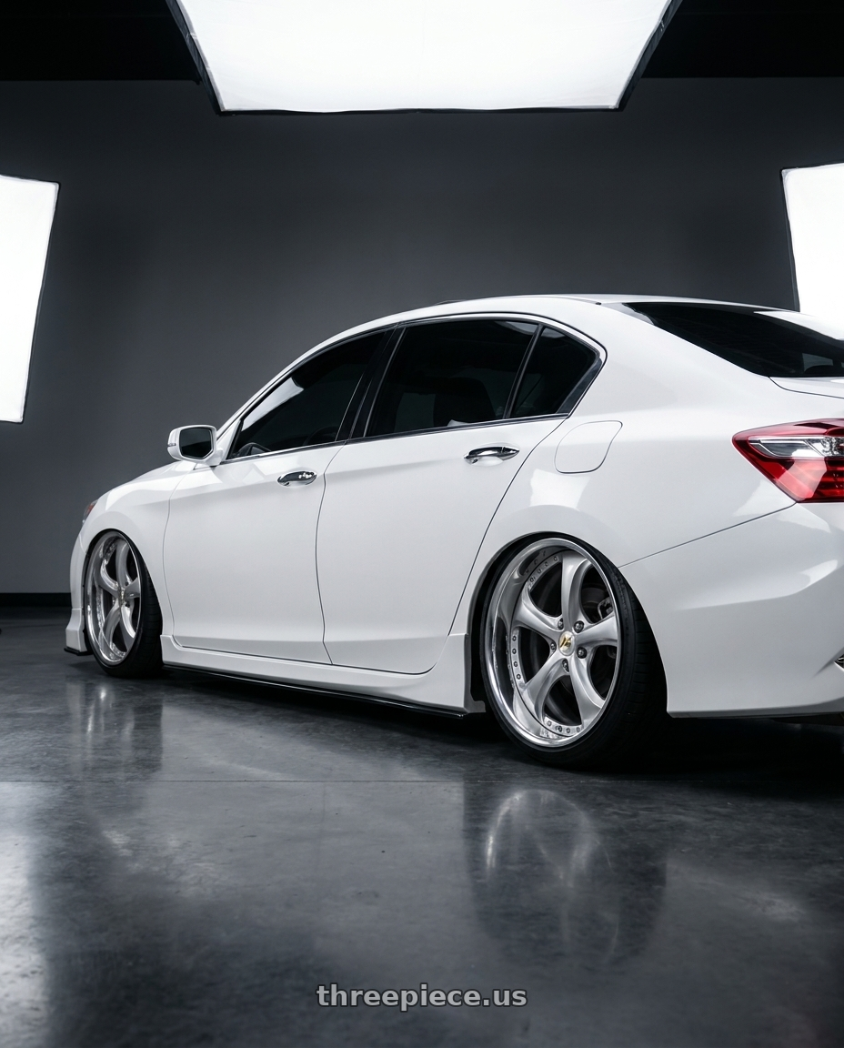 2016 Honda accord with Work Wheels VS-KF 5x108 21x12.5+40 Light Grey Silver O Disk FULL REVERSE wheels rear three quarter view square tires