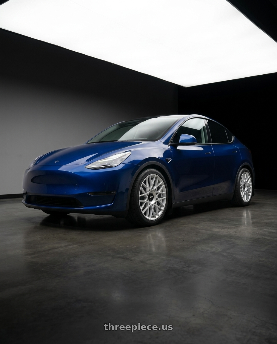 2023 Tesla Model Y with Rotiform 1PC R167 BLQ-C BLANK 19X8.5 +35 SILVER wheels