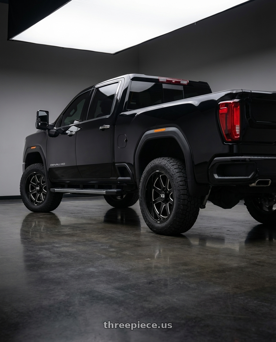 2020 gmc seirra 2500 hd duramax denali with XD XD844 PIKE 8X180 22X10 -18 GLOSS BLACK MILLED wheels rear three quarter view square tires
