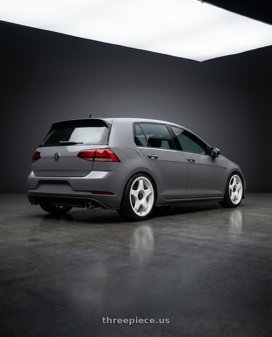 2019 Volkswagen GTI MK7 with fifteen52 CHICANE 5x112 / 5x120 18x8.5 +35 RALLY WHITE (GLOSS WHITE) wheels rear three quarter view square tires