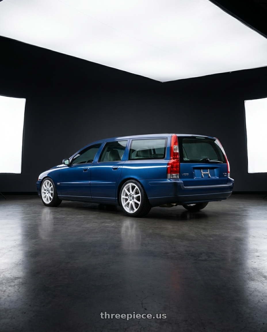 2007 Volvo V70 24 with Advan RCIII 5x100 18x7.5+48 White wheels rear three quarter view square tires