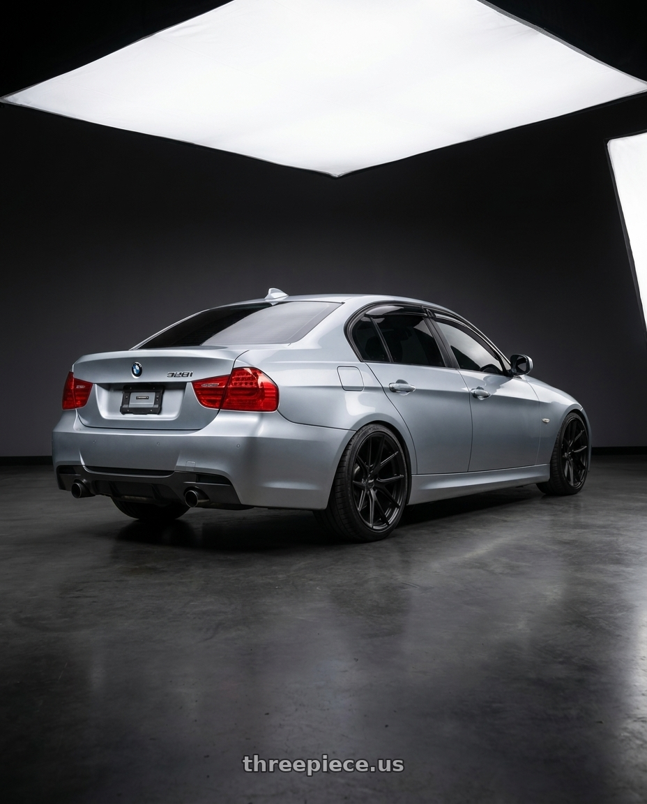 2011 bmw 328i with Bravado 08B Tribute 5X115 18x10 +20 Matte Black wheels rear three quarter view square tires