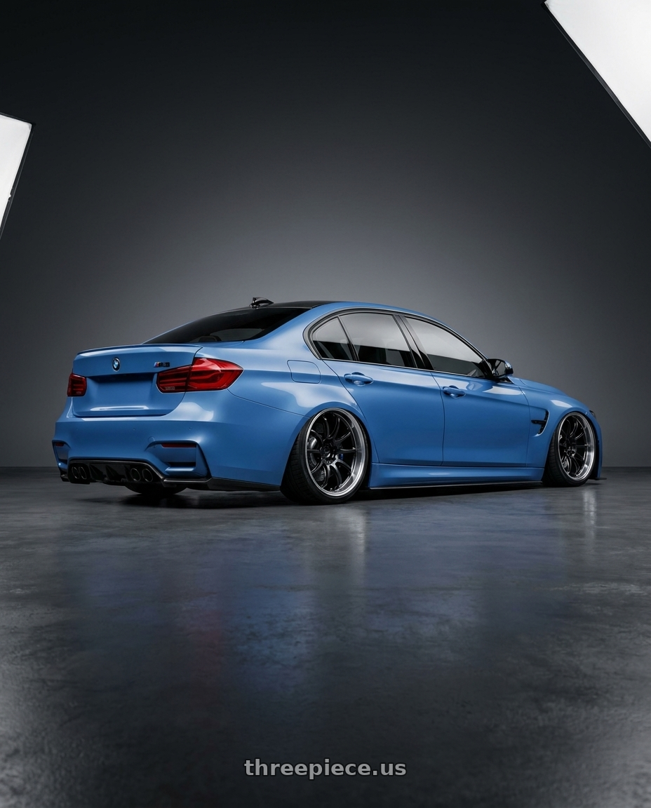2018 BMW M3 Comp Avus with Advan Racing RZ-DF2 5x120 19x9.5 +22 DIAMOND CUT & RACING TITANIUM BLACK wheels rear three quarter view square tires