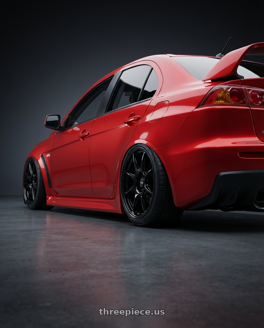 2012 Mitsubishi Lancer Evo X with Konig Lockout 5x114.3 18x8.5+45 Gloss Black wheels rear three quarter view slight stretch tires