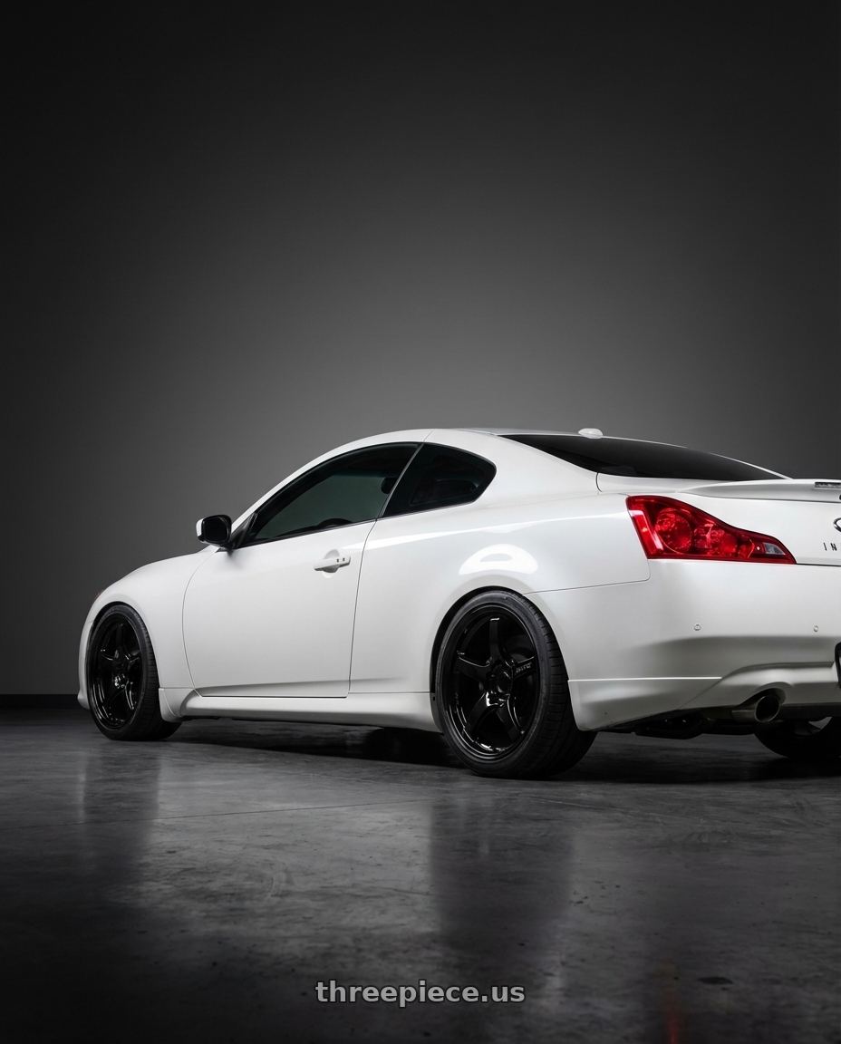 2014 Infiniti G37 Coupe with Gram Lights 57CR 5x114.3 19x8.5+35 Glossy Black wheels rear three quarter view square tires