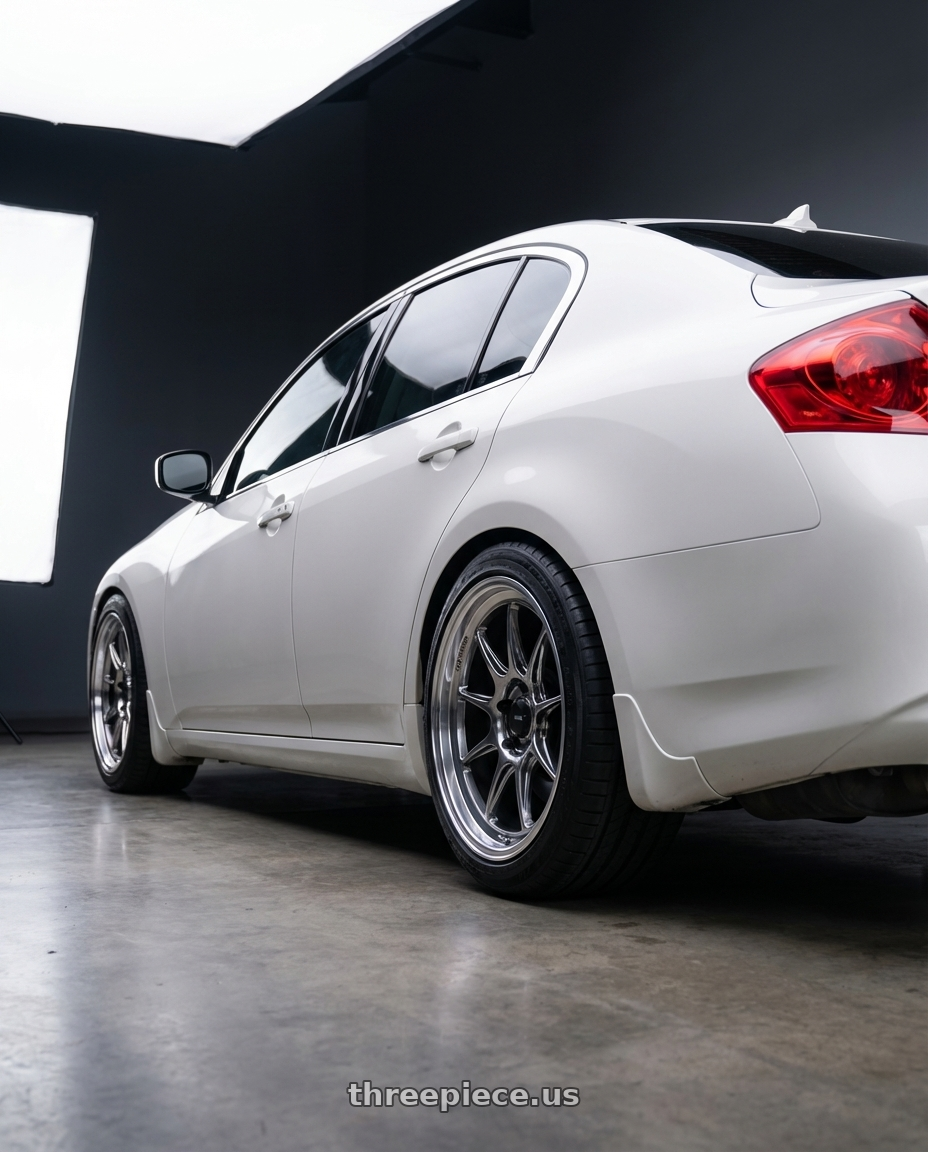 2012 Infiniti G37 with Konig Countergram 5x114.3 19x10+25 Hyper Chrome / Machined Lip wheels rear three quarter view square tires