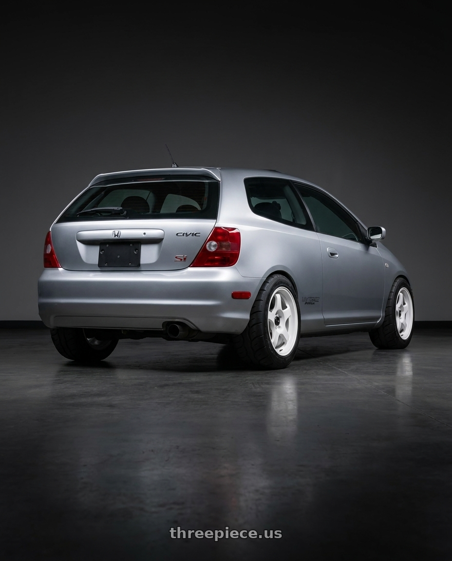 2002 Honda civic si with Vors SP1 4x100 15x7  +35 All White wheels rear three quarter view meaty tires