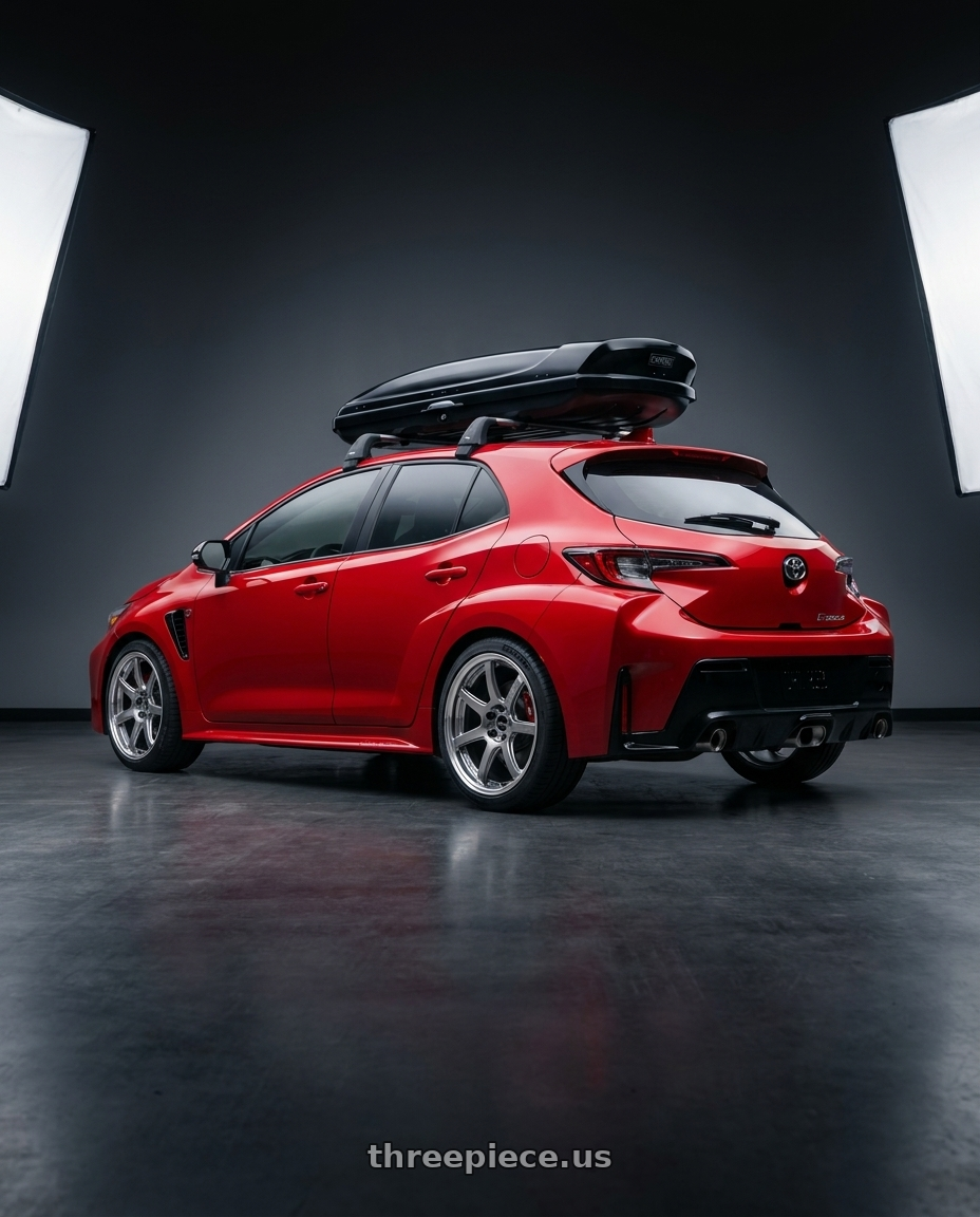 2026 Toyota GR corolla with Work T7r 2P 5x114.3 18x9.0 +22 GT SILVER wheels rear three quarter view square tires