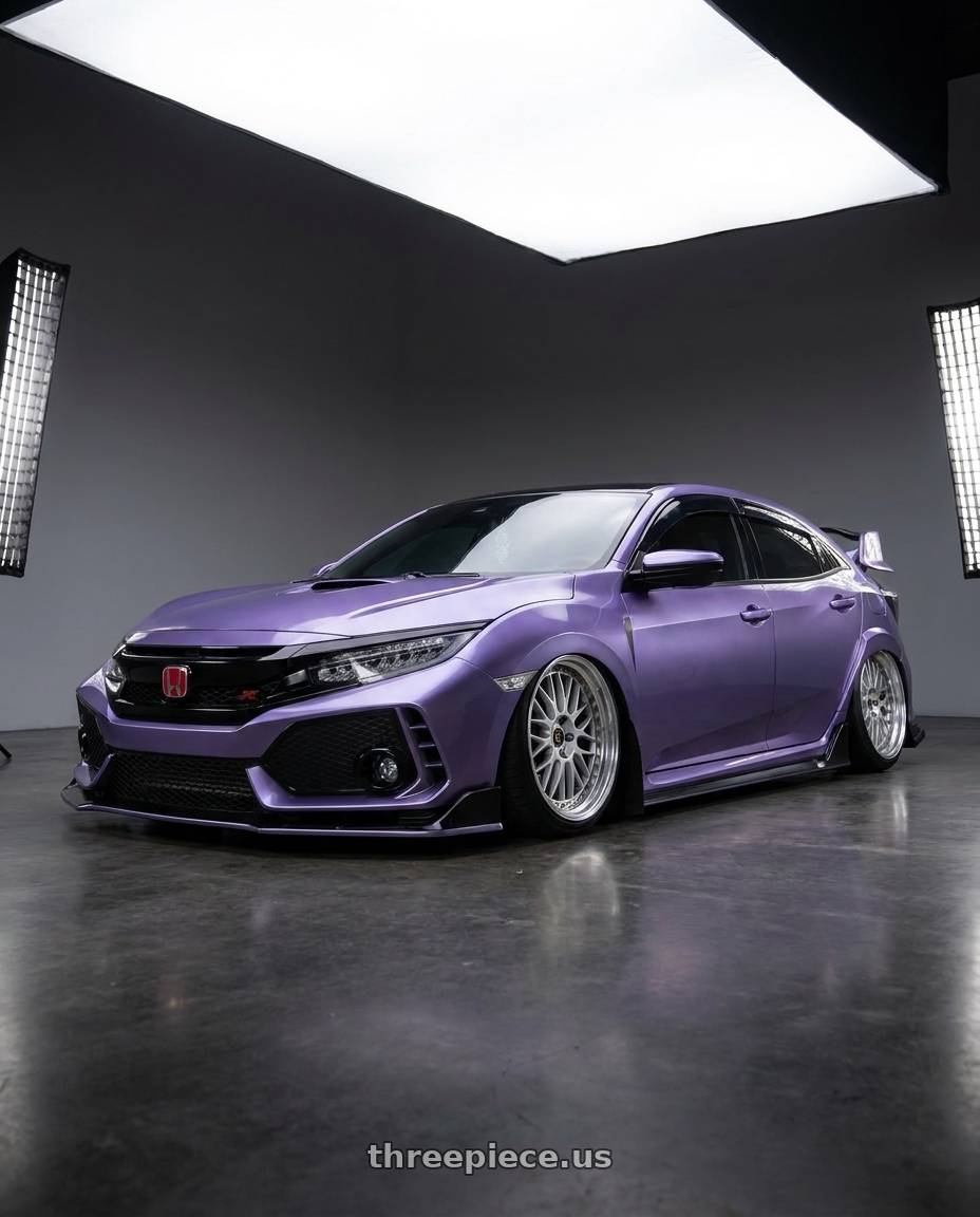 2019 Honda Civic Type R with Work Vs-Xx 5x120 18x8+47 R Disk Light Grey Silver wheels front three quarter view slammed stance