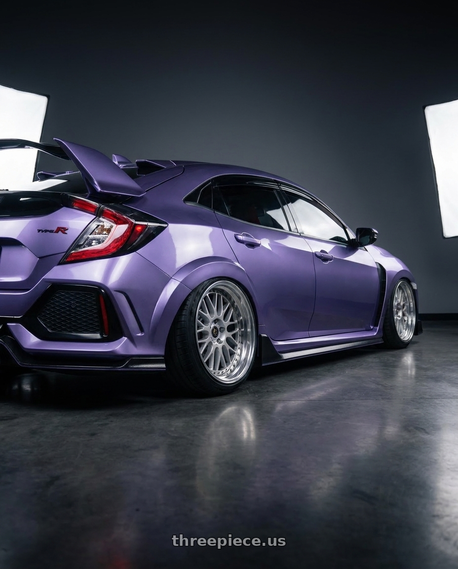 2019 Honda Civic Type R with Work Vs-Xx 5x120 18x8+47 R Disk Light Grey Silver wheels rear three quarter view slight stretch tires