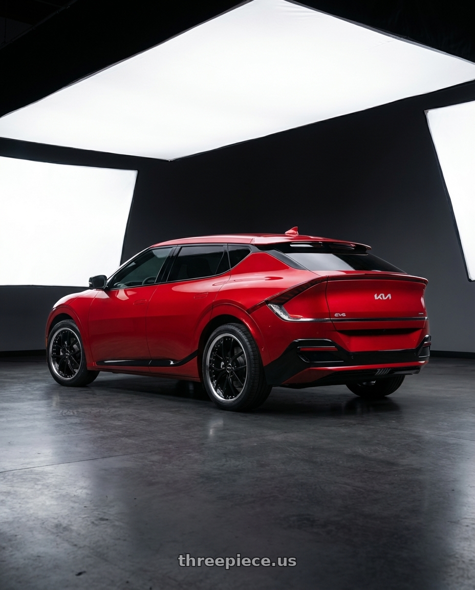 2024 kia ev6 with XIX Wheels XIX 61 5x112 20x8.5 +35 Gloss Black with Stainless Steel Lip wheels rear three quarter view square tires