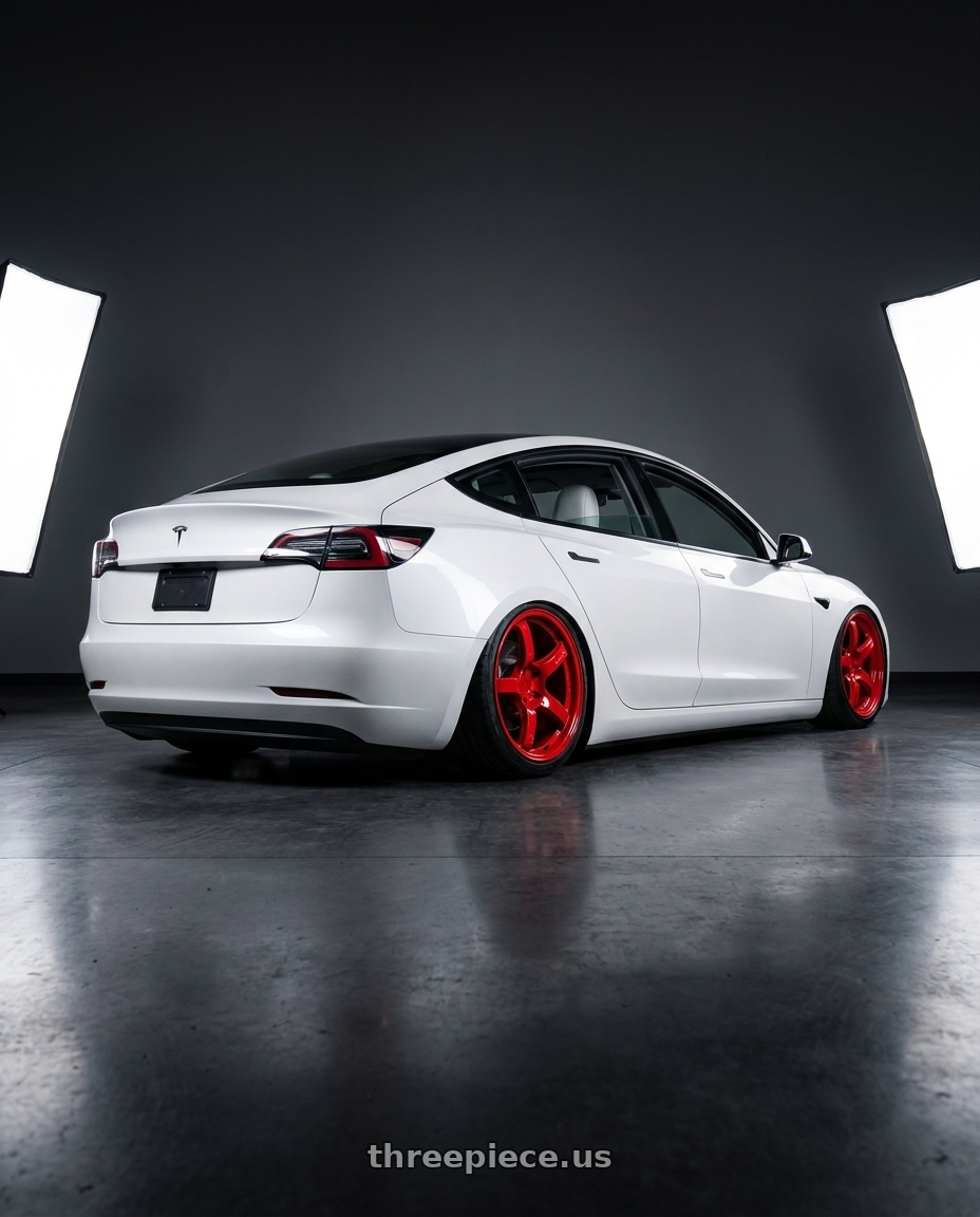 2021 tesla model 3 sr with Gram Lights 57CR 5x114.3 18x9.5 +38 MILANO RED wheels rear three quarter view extreme stretch tires