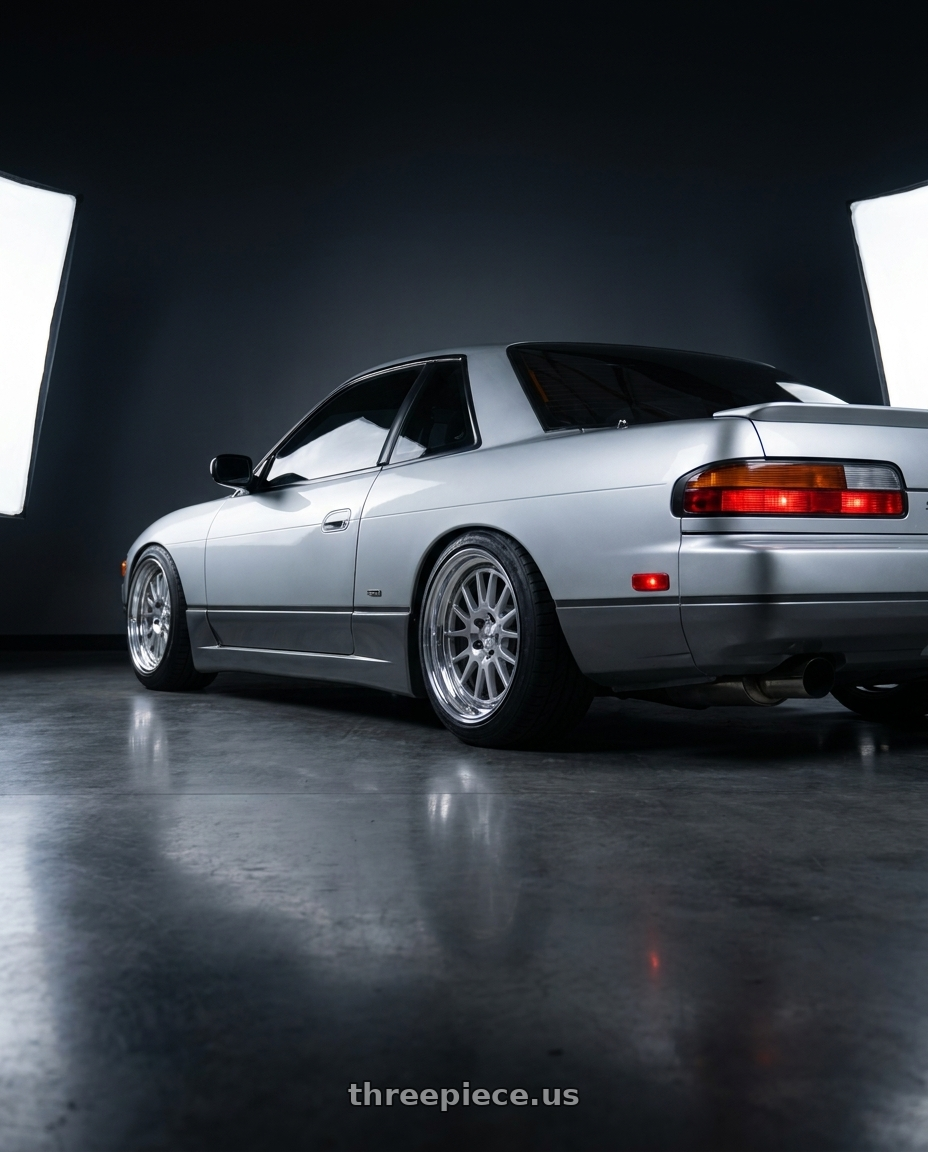 1989 nissan silvia with Work Seeker Fx 4x100 18x7.5+38 A Disk Matte Silver Polish wheels rear three quarter view square tires