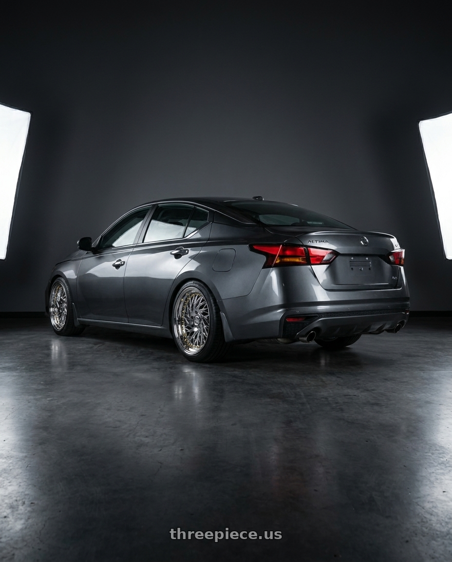 2021 Nissan Altima SV with Aodhan DS03 5x114.3 18x9.5 +30 Vacuum Chrome w/Gold Rivets wheels rear three quarter view square tires