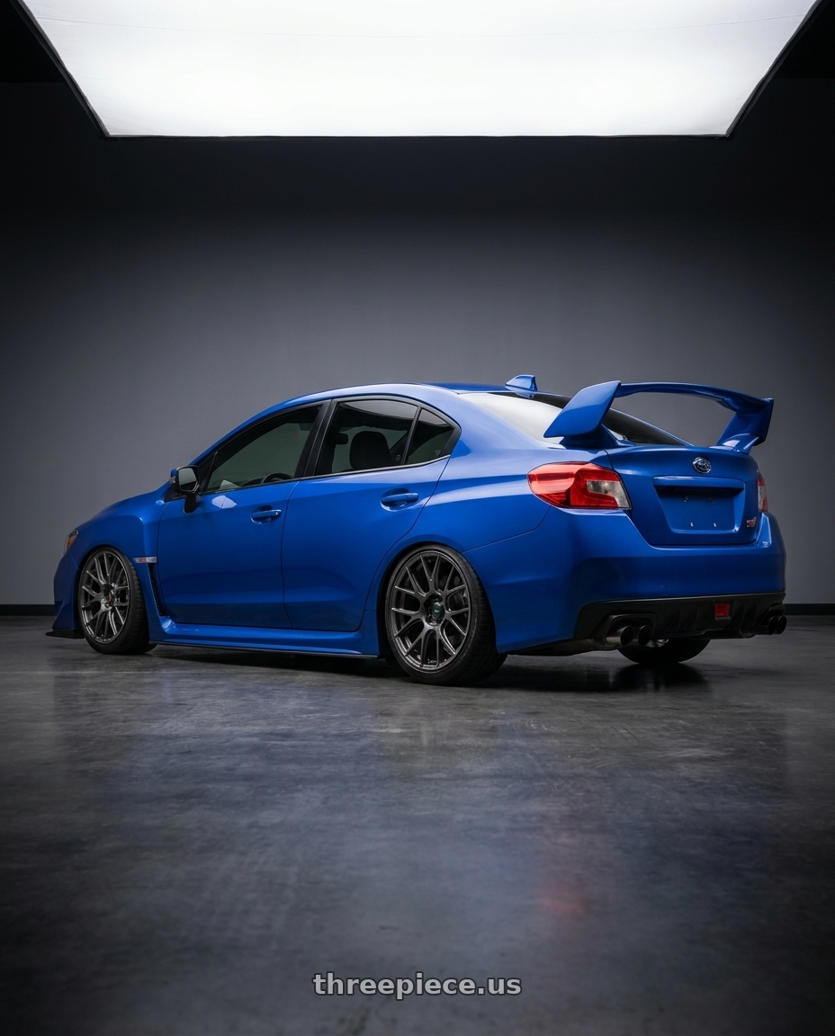 2013 Subaru WRX STI with Konig Ampliform 5x114.3 18x8.5+45 Dark Metallic Graphite wheels rear three quarter view slight stretch tires
