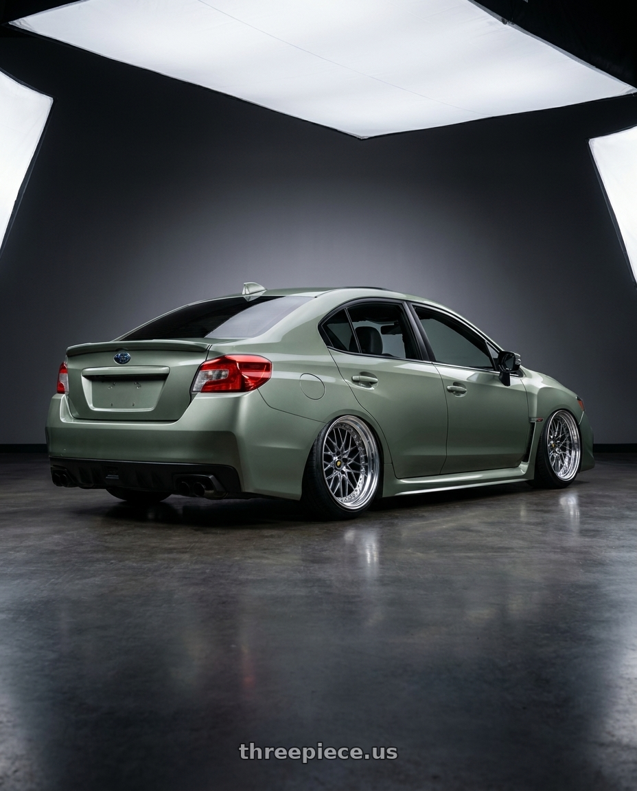 2021 Subaru wrx sti  millennium Jade with Work Vs-Xv 5x114.3 18x9.5+47 A Disk Brilliant Silver Black wheels rear three quarter view extreme stretch tires
