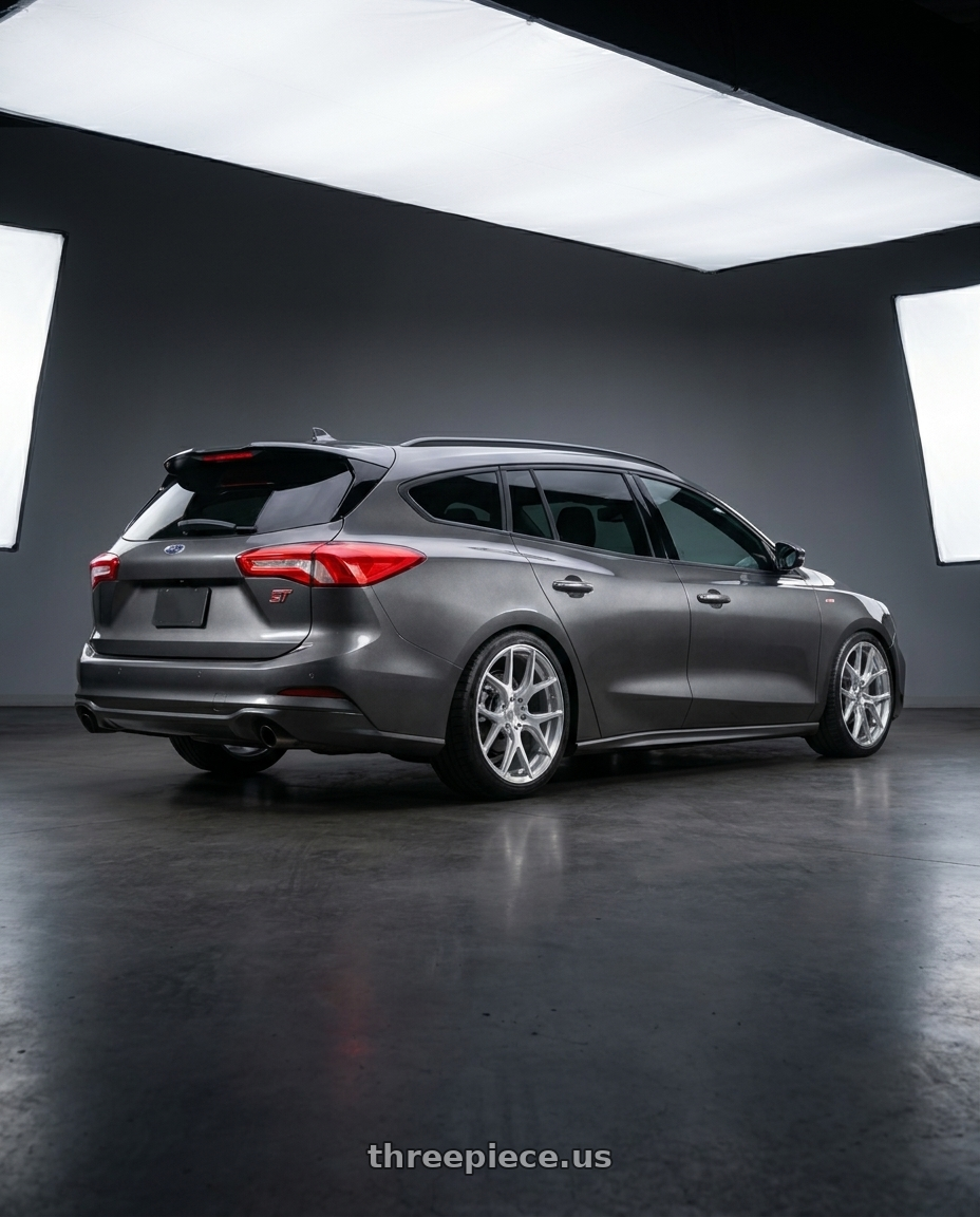 2021 Ford Focus Wagon St with MRR FS1 5x112 18x8.5  +35 Brushed Clear wheels rear three quarter view square tires