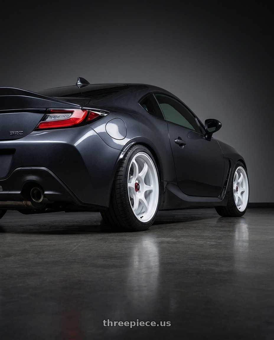 2023 Subaru BRZ premium with Enkei PF06 5x100 18x8.5+45 White Machined wheels rear three quarter view square tires