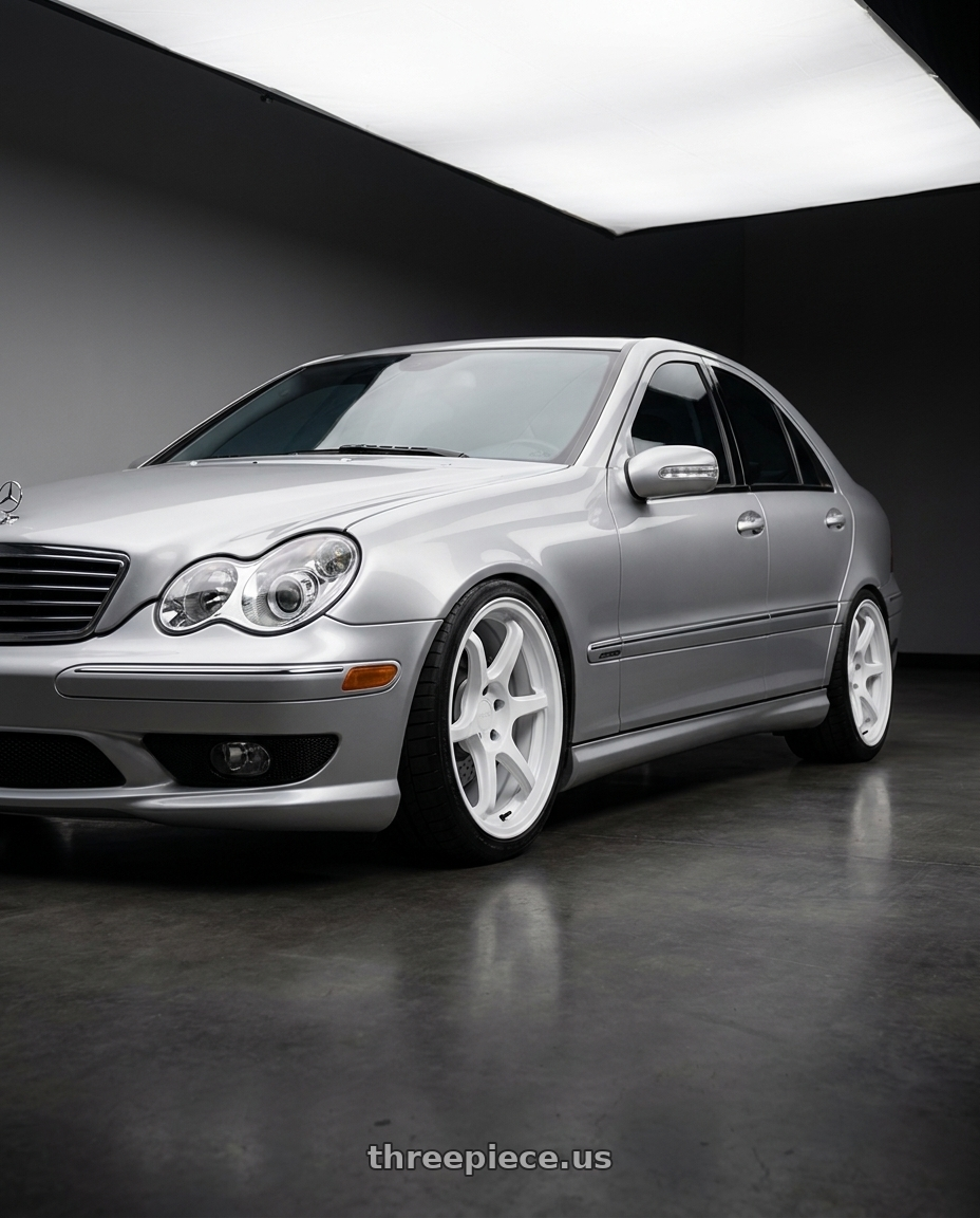 2006 Mercedes-Benz C55 AMG with Rotiform BPU 5x112 19x8.5 +25 Gloss White wheels front three quarter view lowered stance