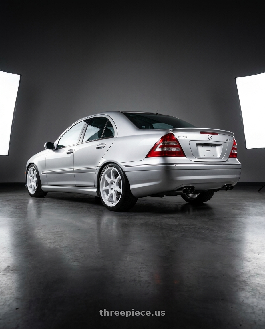 2006 Mercedes-Benz C55 AMG with Rotiform BPU 5x112 19x8.5 +25 Gloss White wheels rear three quarter view square tires