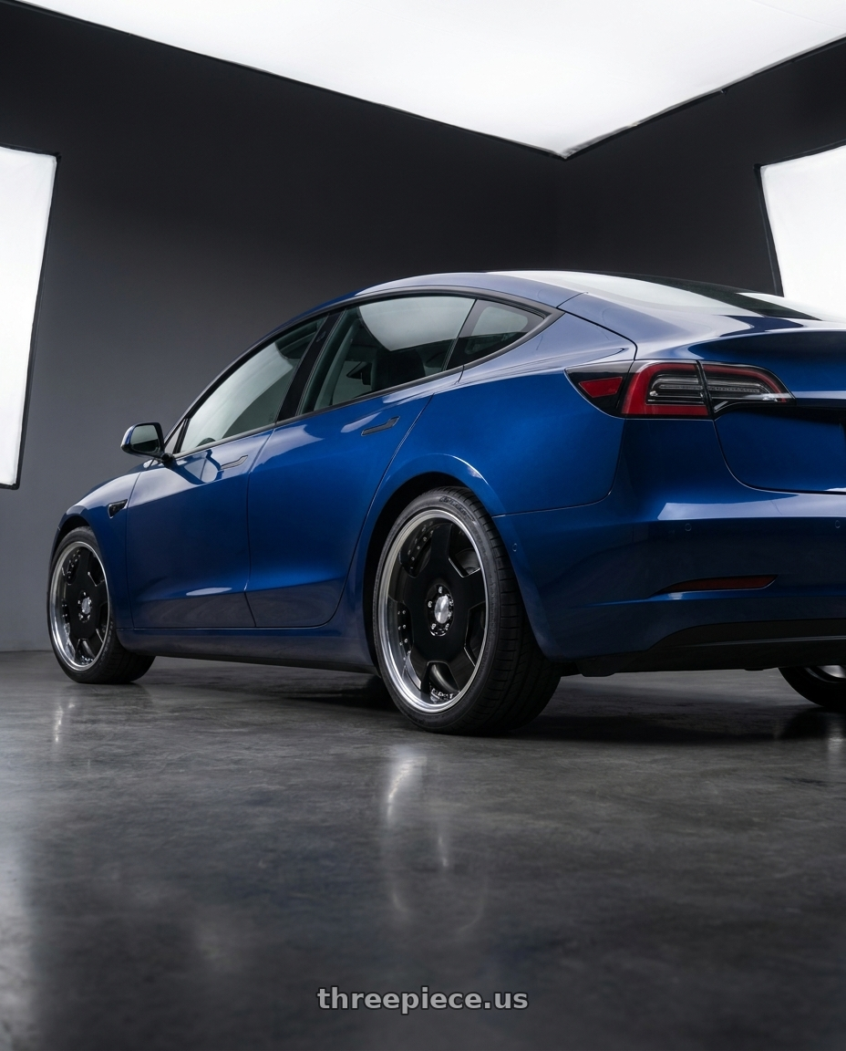 2022 Tesla Model 3 Long Range with Work Lanvec Ld1 5x114.3 18x7+38 A Disk Black wheels rear three quarter view square tires