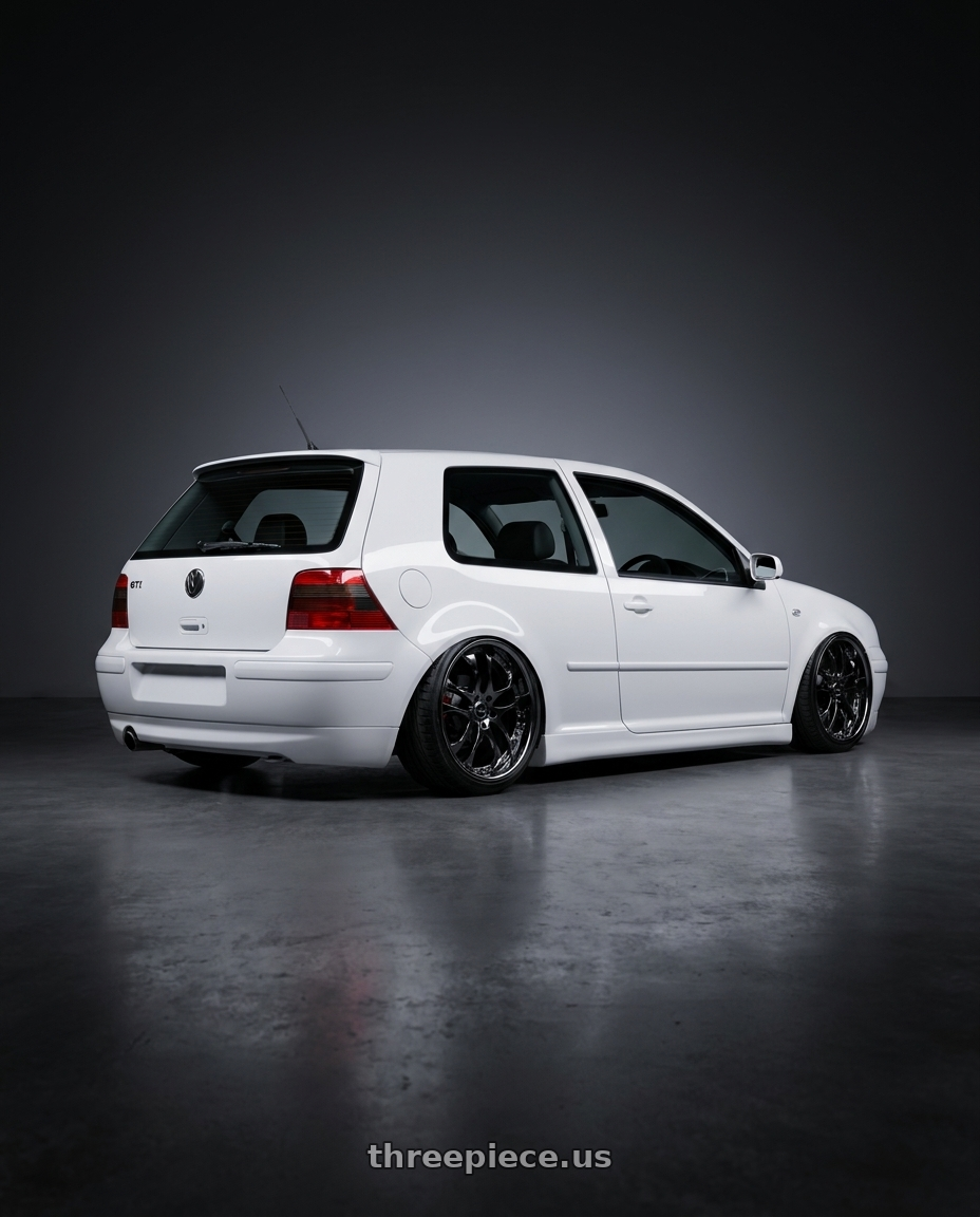 2005 volkswagen GTI with Ssr Agle Minerva 5x100 19x8+37 Normal Disk Super Black Coat wheels rear three quarter view extreme stretch tires