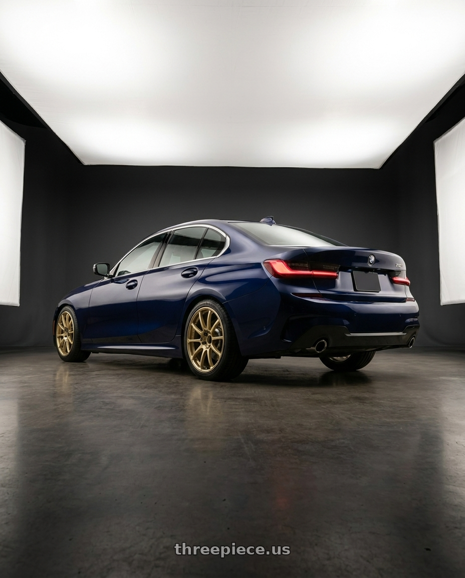 2019 Bmw 330I with Advan RCIII 5x114.3 18x8.5+38 Gold wheels rear three quarter view square tires