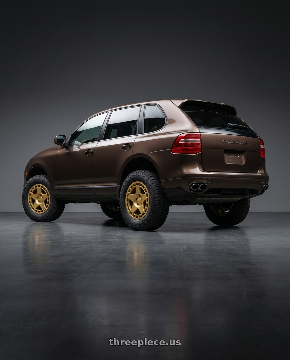 2009 Porsche cayenne gts with fifteen52 TURBOMAC 5x114.3 18x8.5 +30 GOLD (GLOSS GOLD) wheels rear three quarter view meaty tires