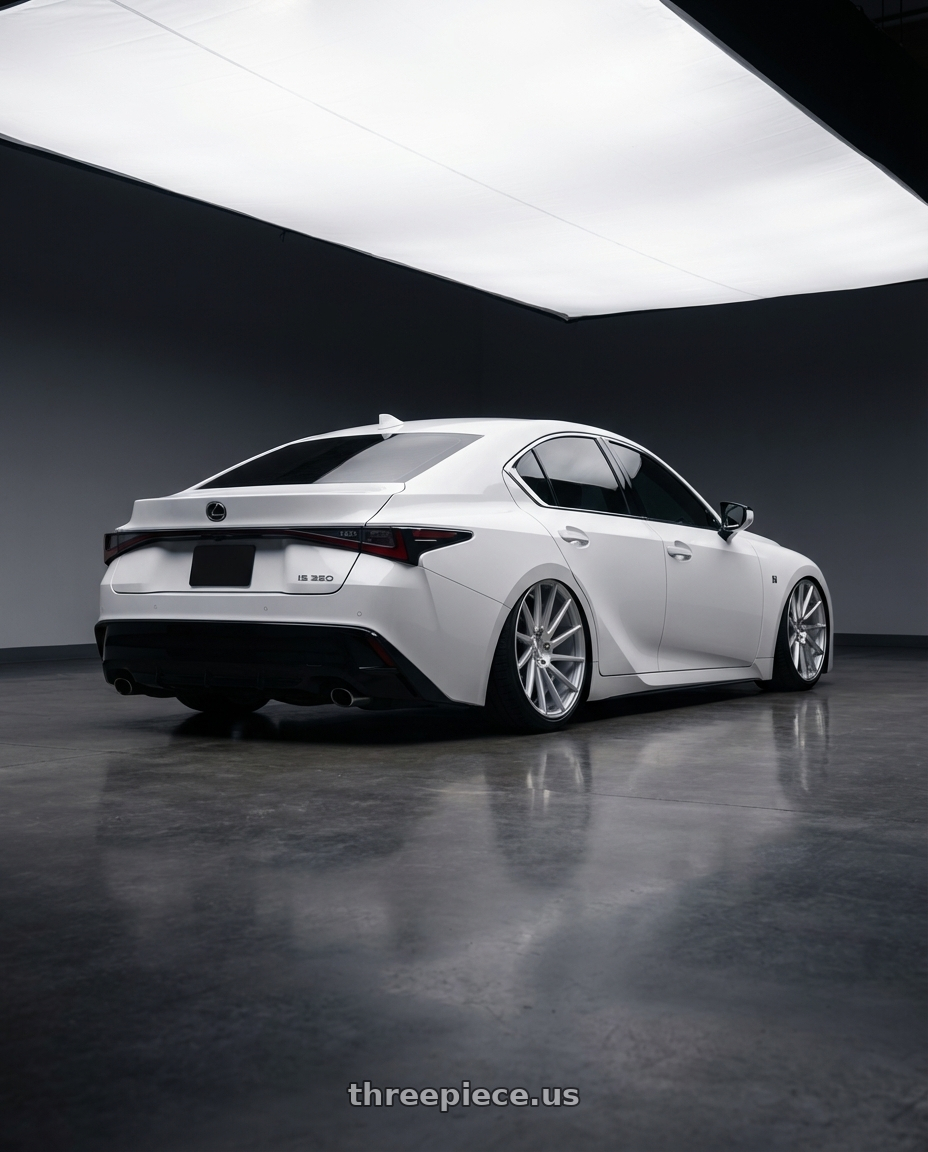 2024 Lexus IS 350 with Niche 1PC M112 SURGE 5X114.3 19X8.5 +35 GLOSS SILVER MACHINED wheels rear three quarter view slight stretch tires