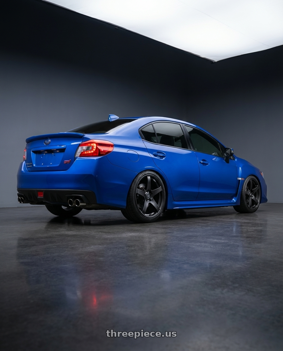 2018 Subaru WRX STI with Ssr Gtv01 5x114.3 18x8.5+40  FLAT BLACK wheels rear three quarter view square tires