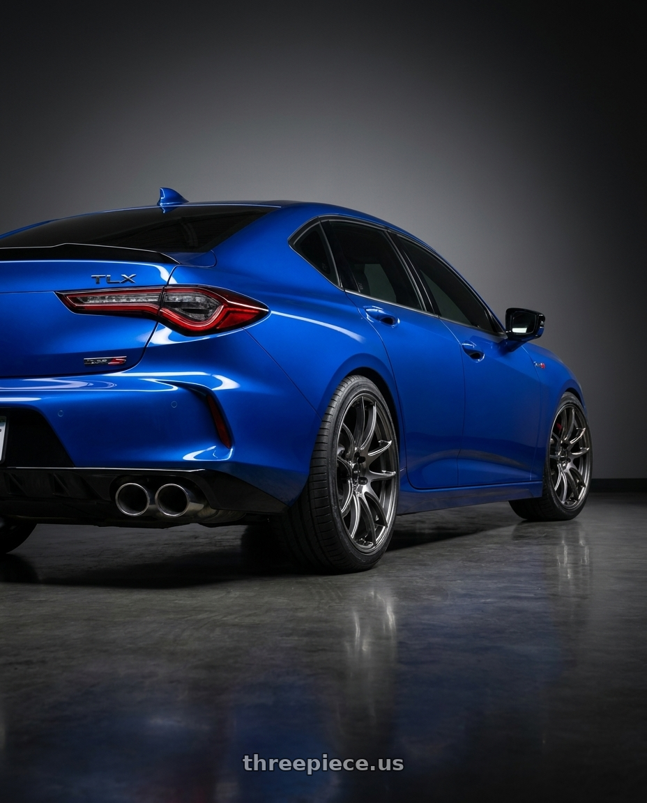 2021 tlx type s apex blue with Vors TR4 5x120 20x9.5  +35 Hyper Black wheels rear three quarter view square tires