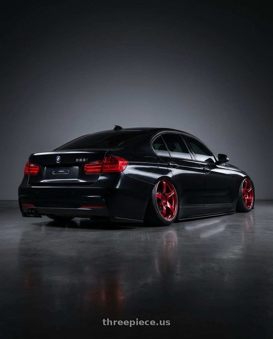 2016 BMW 328i xDrive with Advan Racing TC4 5x120 18x9.5 +45 RACING CANDY RED & RING wheels rear three quarter view square tires