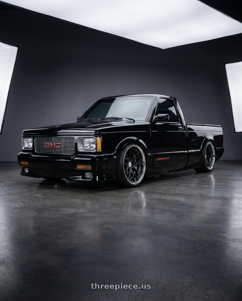 1993 GMC Sonoma with Work Gnosis Cvx 5x120.65 20x11.5+0 A Disk Matte Black wheels front three quarter view lowered stance