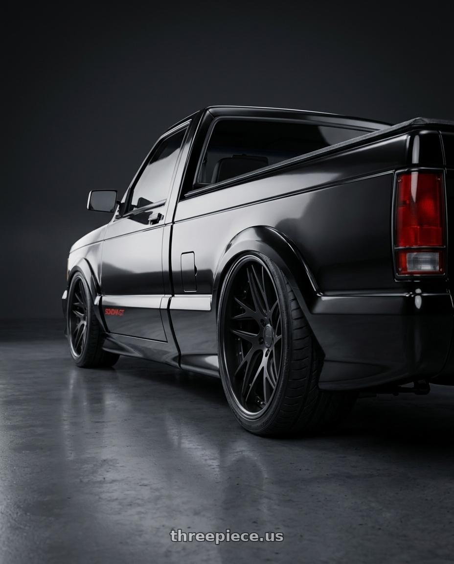 1993 GMC Sonoma with Work Gnosis Cvx 5x120.65 20x11.5+0 A Disk Matte Black wheels rear three quarter view extreme stretch tires
