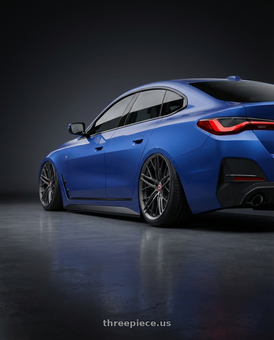 2021 BMW 430i Msport with Avant Garde Wheels F53R BLANK 20x11 +BLANK Dark Graphite Metallic wheels rear three quarter view extreme stretch tires