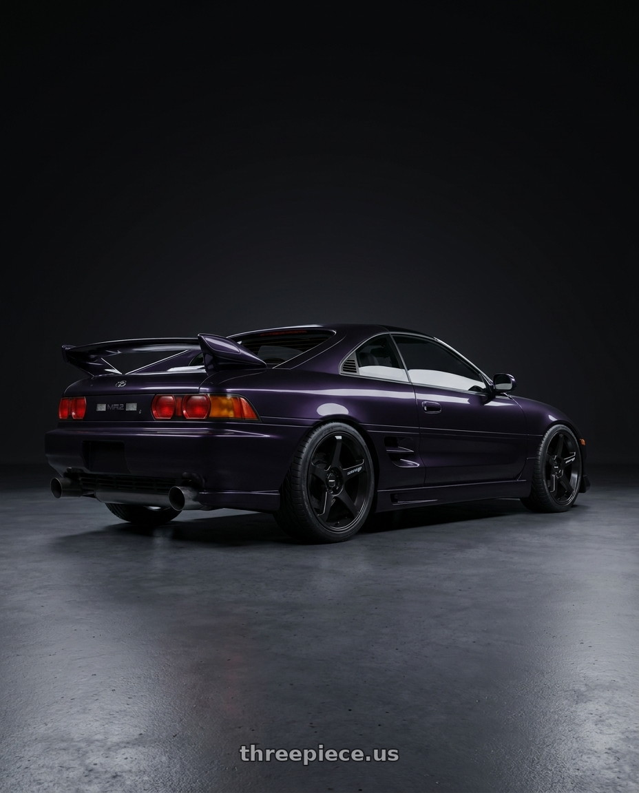 1998 toyota mr2 with Motegi MR159 BATTLE V 5X114.3 18x8.5 +22 BLACKBIRD METALLIC wheels rear three quarter view slight stretch tires