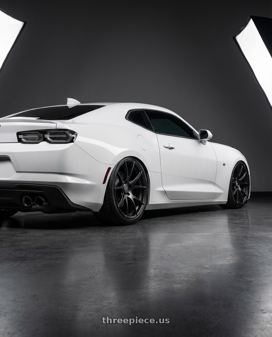 2022 Chevrolet Camaro with Forgestar CF5V 5x120 20x12 +52 Satin Black wheels rear three quarter view slight stretch tires