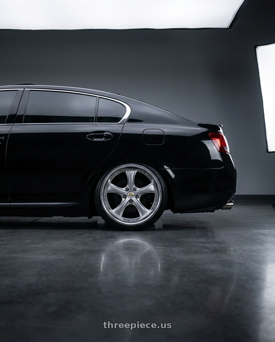 2007 Lexus gs 350 black  with Work Wheels VS-KF 5X114.3 19x10+33 Light Grey Silver R Disk FULL REVERSE wheels rear three quarter view slight stretch tires