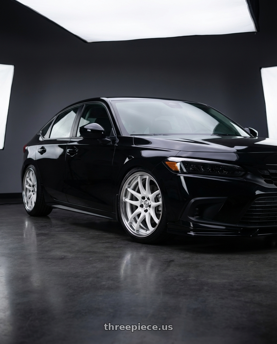 2023 Honda Civic Hatchback with Work Cr 2P 5x114.3 19x10.0 +45 Gloss White wheels front three quarter view lowered stance